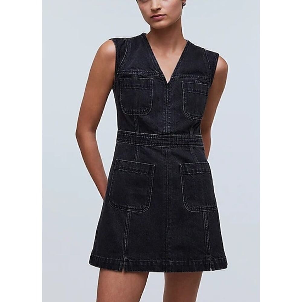 Madewell Dress Denim Cap-Sleeve Utility Pockets Mini Tarrybrook Wash Black NWT 6